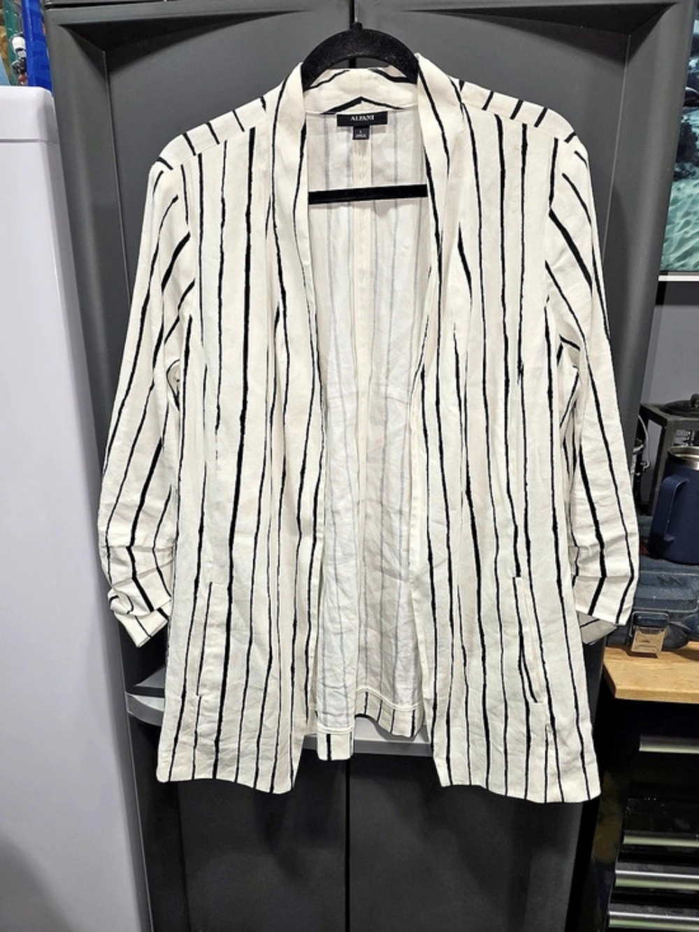 Alfani Striped Open Front Blazer Coat in White & Black Size Large